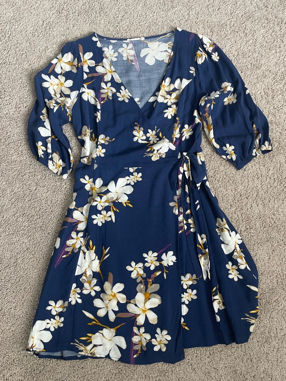 Lush Navy Blue Floral Wrap Mini Dress 3/4 Sleeve Size M